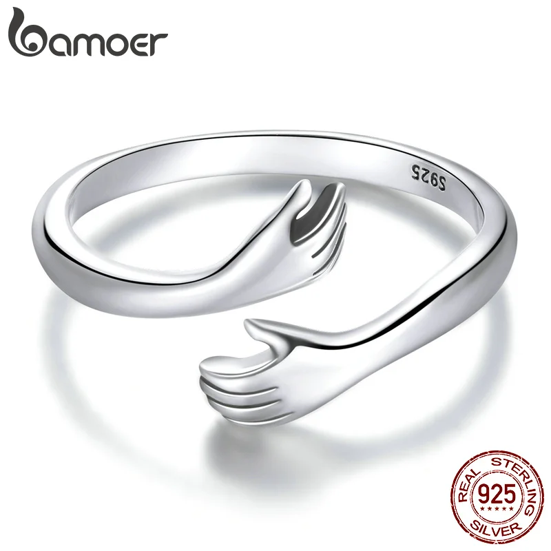 Anillo Abierto Ajustable de Plata de Ley 925 BAMOER con Diseño de Abrazo y Amor Cálido, Anillo Brillante para Mujer, Regalo para su Gran Familia Amable