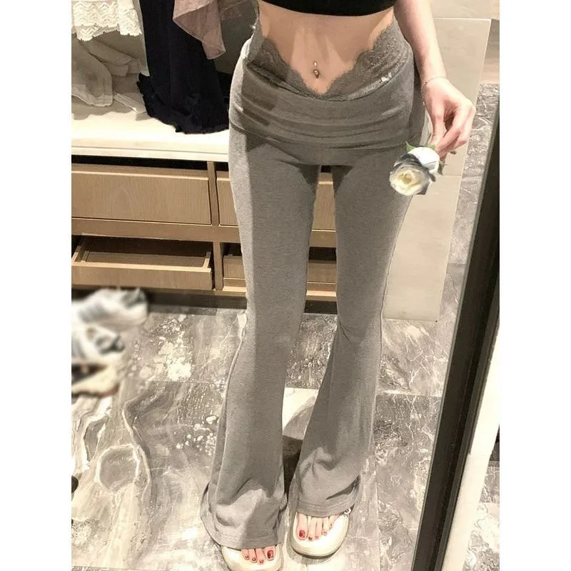 Lace Splicing Micro-pull Casual Pants Autumn Korean Version 2026 New High-waisted Thin Micro-horn Drape Trousers Women Clothing