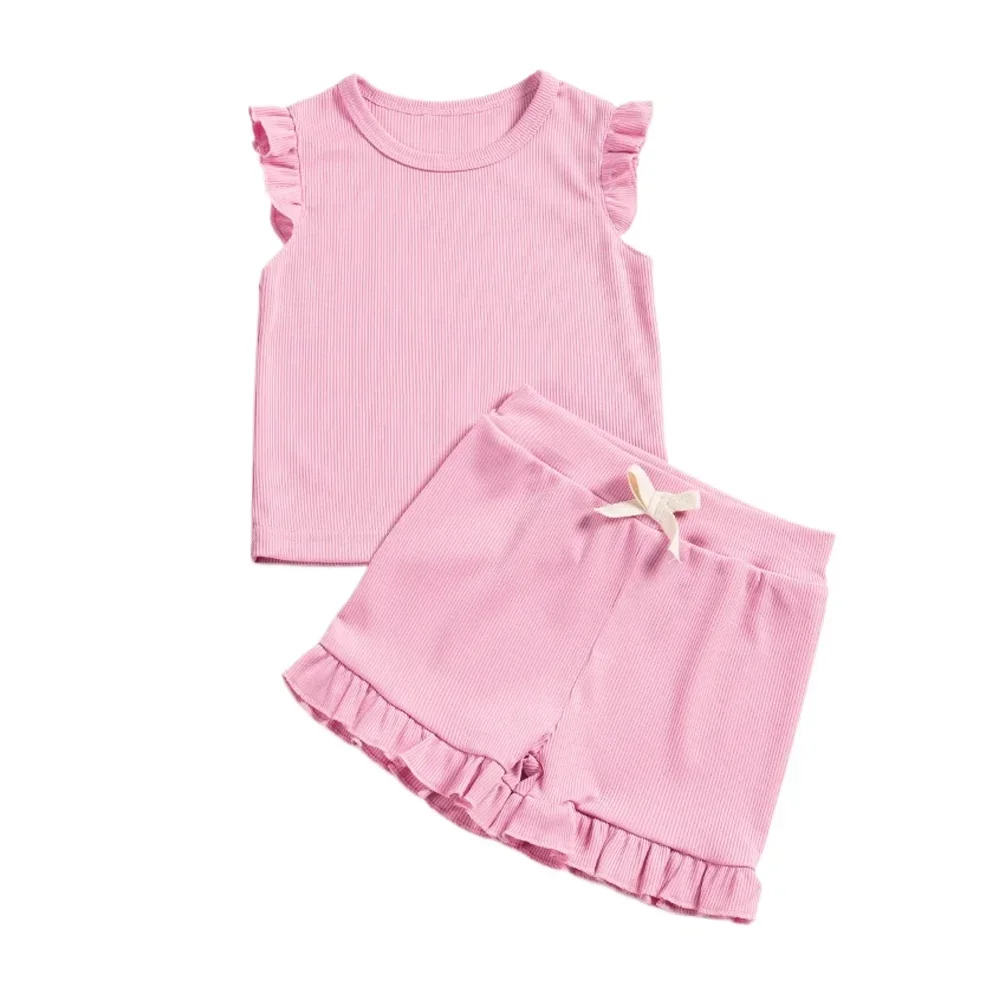 Summer Solid Colour Toddler Sleeveless Set Girls Dash Sleeve Top + Shorts Elastic Waist Clothing Set 2pcs Ruffles Kids Clothes