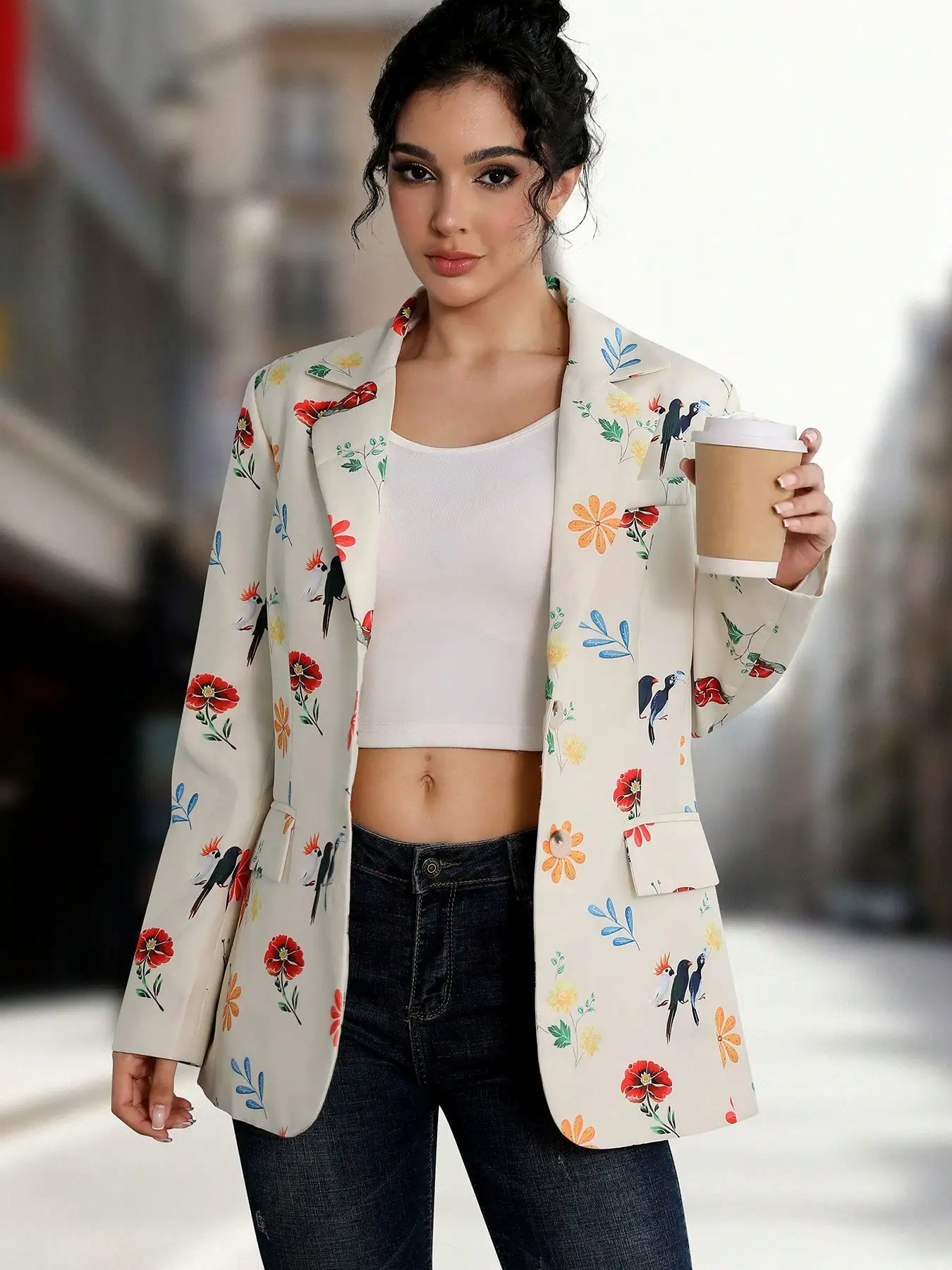 New French-Style Personality and Elegance Floral and Bird Print Single-Breasted Commuter Casual Long-Sleeve Women's Blazer