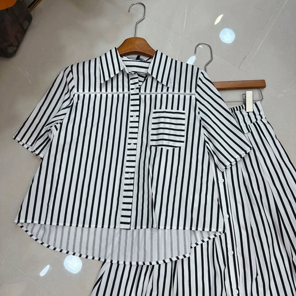 French style lapel striped short-sleeved shirt + button-down high-waist skirt suit-GZXX314