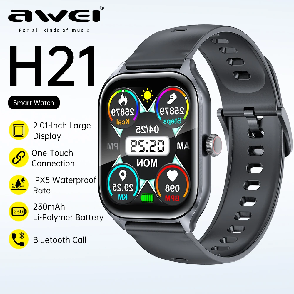 

Awei H21 Sports Smart Watch 2.0inch HD Screen Sports Heart Rate Monitor Waterproof Men Women Smart Watch Fitness Wristband 2023