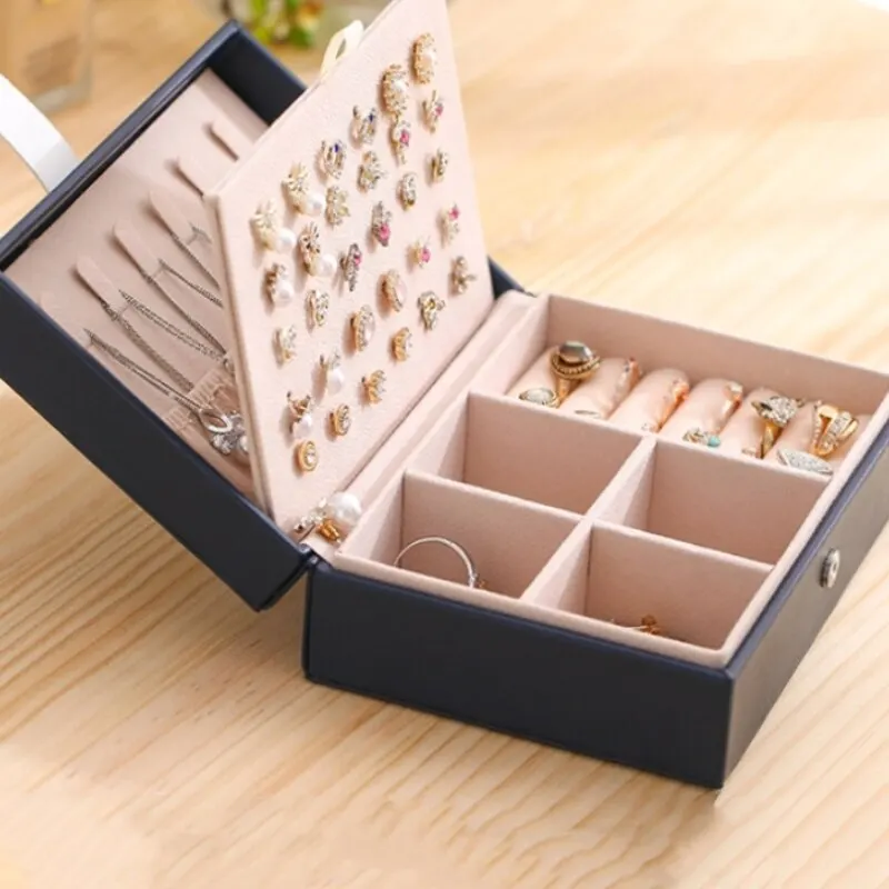 1pcs Double Layer Storage Box Ladies Princess Simple Style Leather Flip Type Jewelry Box Travel Home Portable Jewelry Box