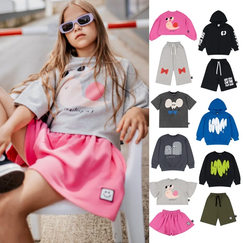 

Kids' T-Shirt Set 2026 Spring/Summer New Arrival Cartoon Fashion Boys' Hooded Sweatshirt Cotton Pink Cute Girls' Hoodie Shorts