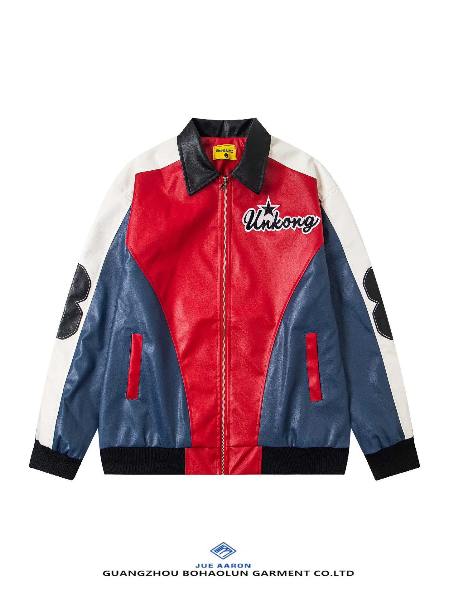 

JueAaron American Sle Letter Embroidery Contrast Color Lapel Leather Jaet Men Loose Motorcycle Sle Couples Coat