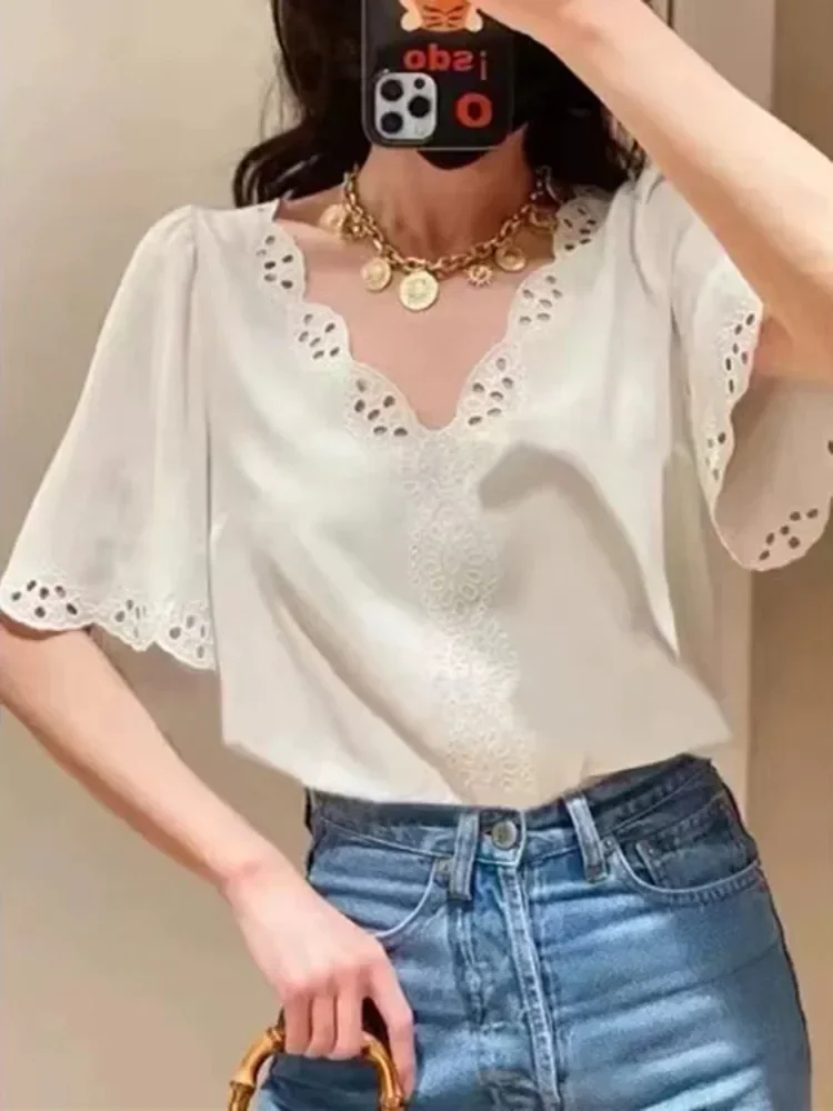 White Blouse Women Lace Embroidery Hollow out Temperament Short Sleeve Female V-neck Shirt Clearance Price