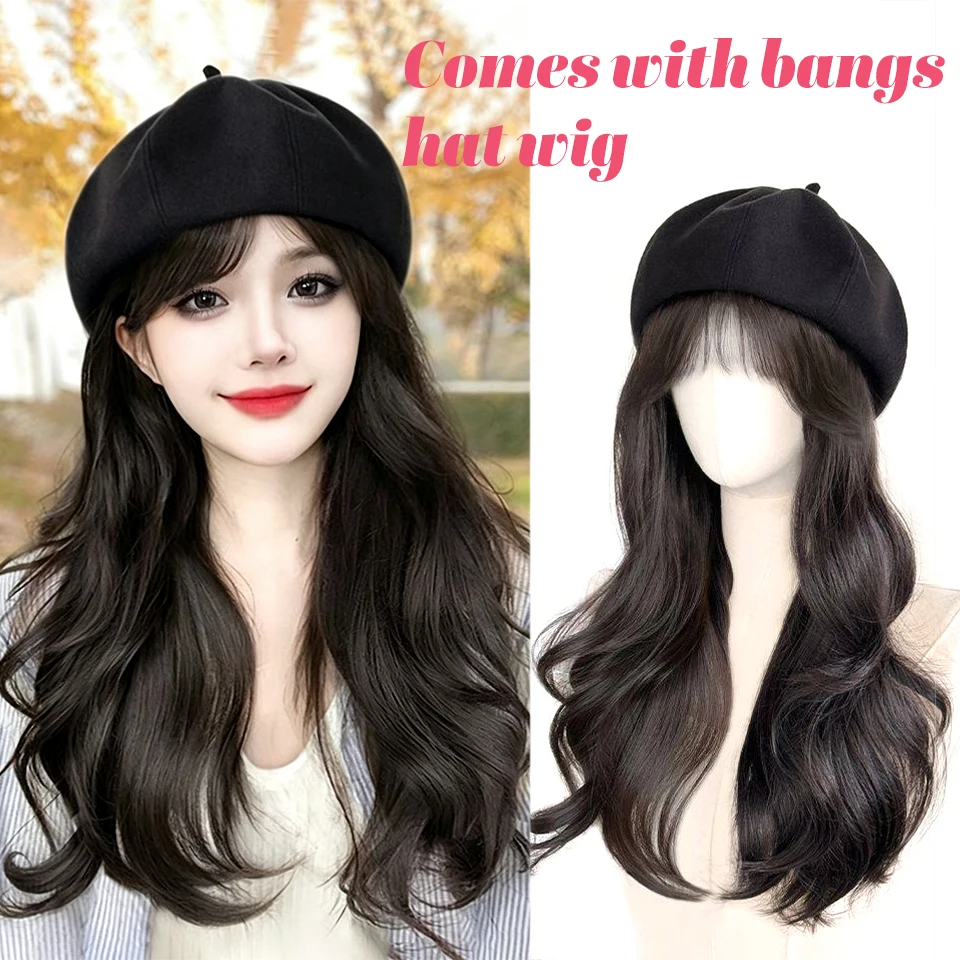 

16 inch black beret with large waves and long curly hair wig, integrated hat wig suitable for women's daily holiday wear