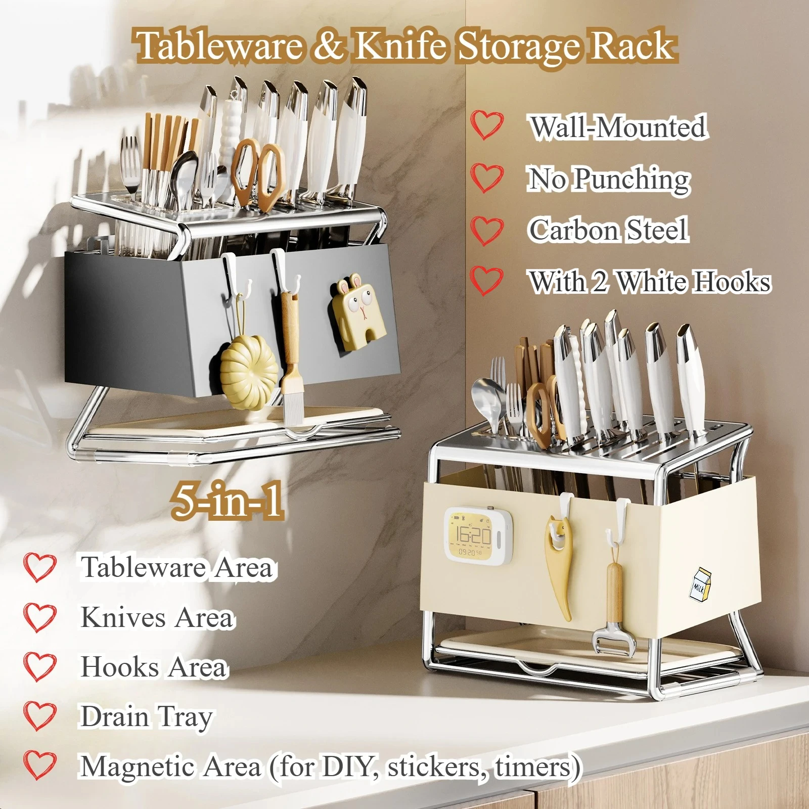 5-In-1 Knife Storage Rack Tabletop & Wall-Mounted Kitchen Tableware Organizer No-Drill Carbon Steel Knife Holder with Drain Tray