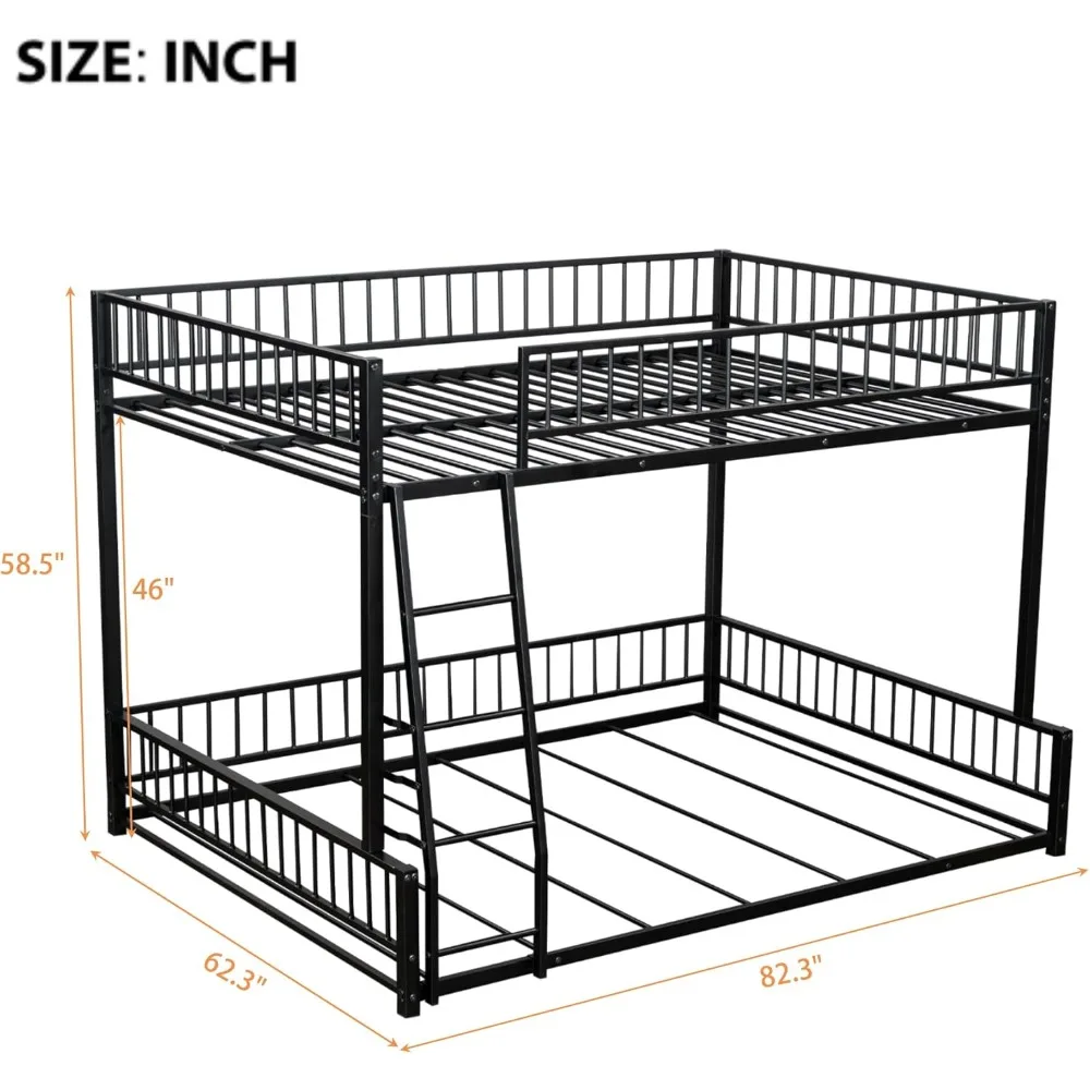 إطار سرير بطابقين كامل مقاس XL مع سلم وقضبان أمان، أسود