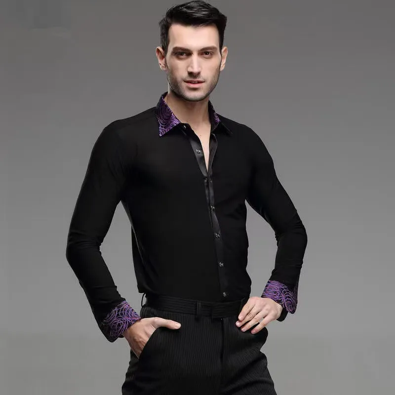 New Mens Dance Shirt Print Collar Standard Competition Performance Ballroom Modern Salsa Tango Samba Male Latin Tops Dancewear