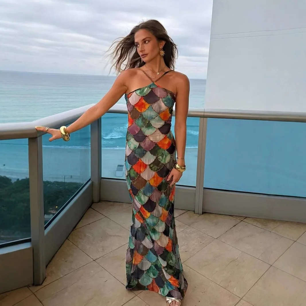 

Платье с лямкой на шее и цветными блоками, женское модное сексуальное платье без рукавов с милым мультяшным принтом, пляжное платье со свободным подолом, халат, женское элегантное платье