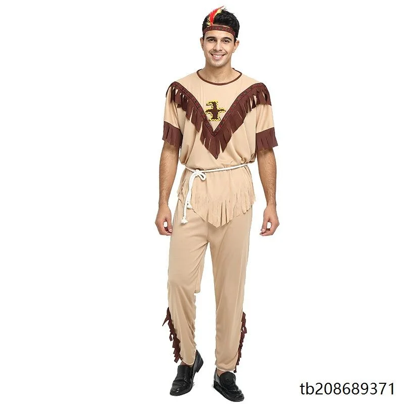 زي الهالوين للبالغين على شكل الأفراد الأصليين، مجموعة ملابس الرجل البري الهندي، زي الأداء التقليدي العرقي للمسرح