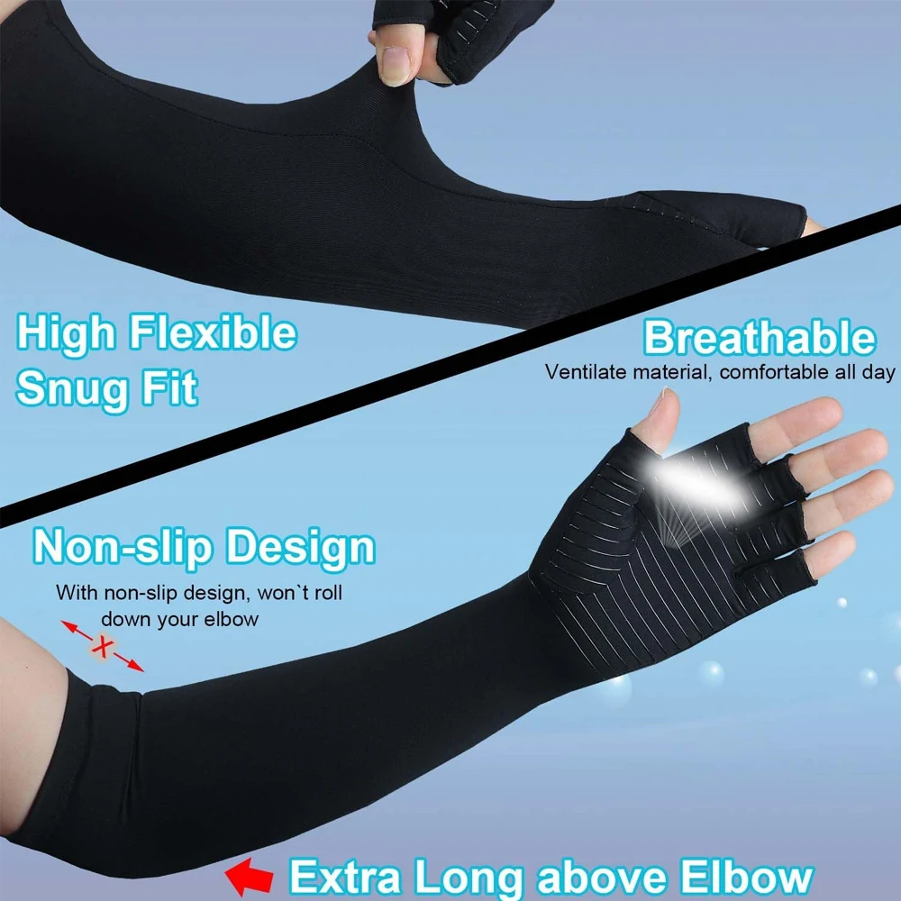 Long Arthritis Compression Gloves for Women Men, Copper Gloves for Joint Pain Relief, Swelling, RSI, Fingerless Carpal Tunnel