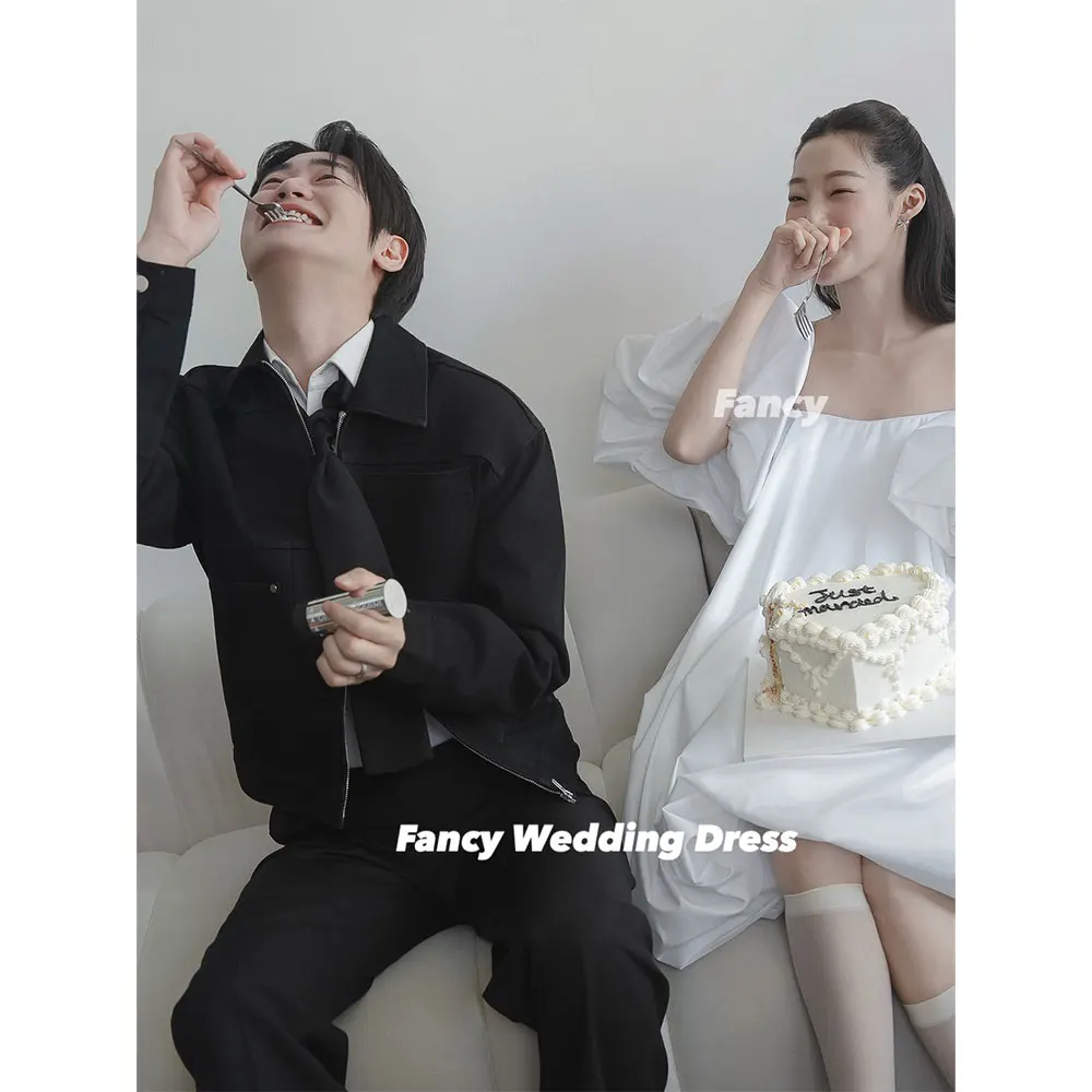 Fancy Simple Square Neck Wedding Dress Korea Photoshoot A Line Soft Satin Bridal Gown Mini Short Customized