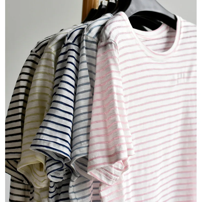 Camiseta de lino ligera de verano para mujer, manga corta, cuello redondo, holgada, transpirable, antibacteriana, antiestática, con rayas azul marino