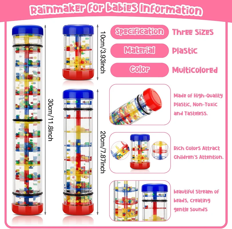 3Pcs Rainmaker Rain Stick for Baby Shaker Sensory Auditory Musical Instrument Rattle Tube Plastic Toy, 4 /8 /12 Inches, 3 Size