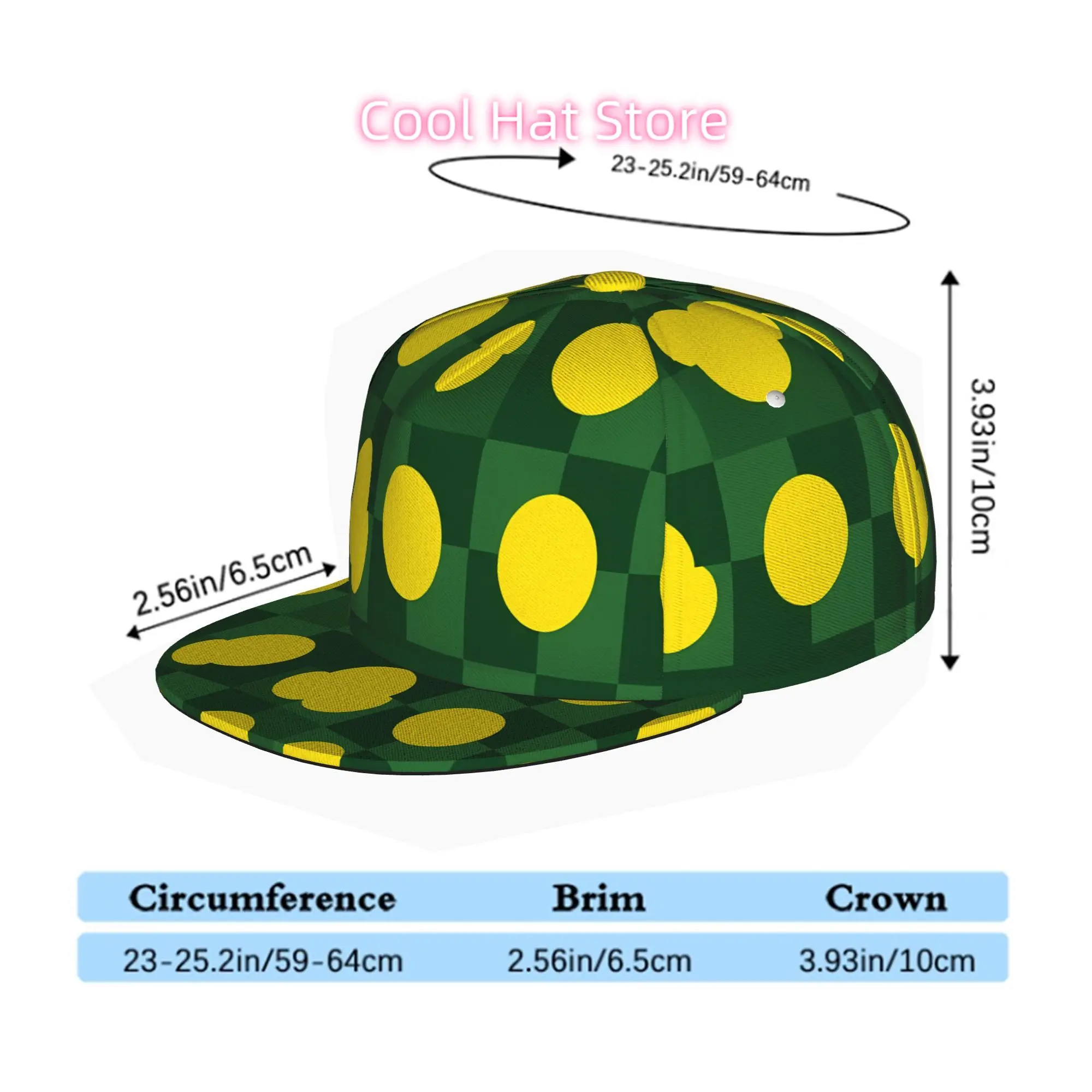 Men' & Women' Unisex Adjustable Snapback Trucker Hat - Green Checkered with Yellow Circles Cap, Soft Flat Brim Baseball Cap Suit