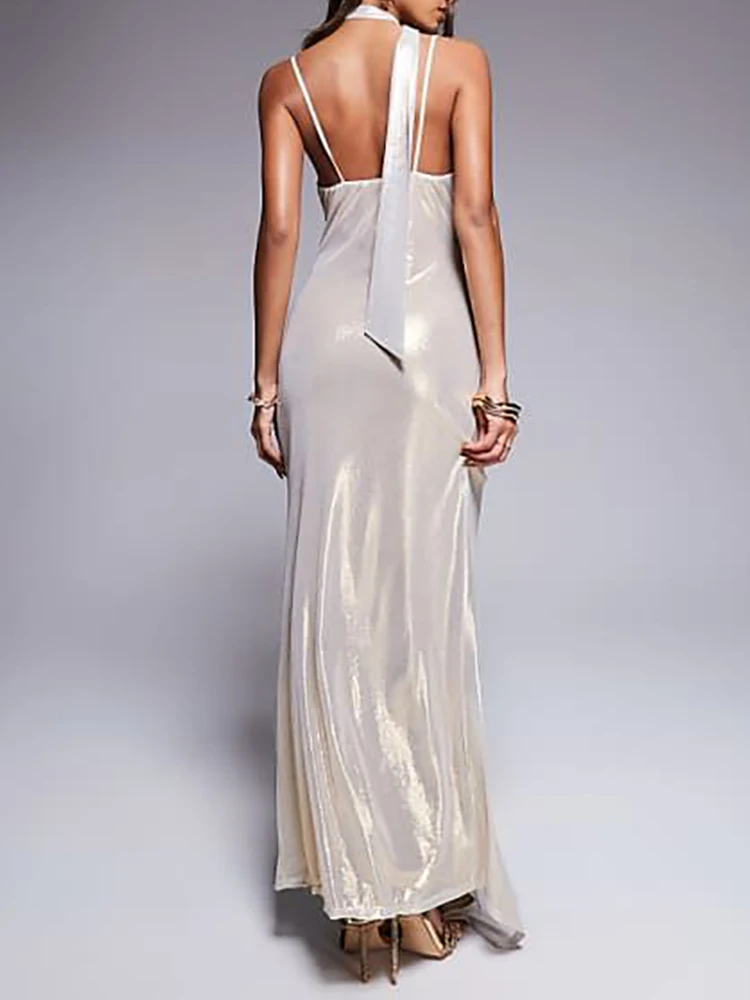 Vestido de noche elegante con lentejuelas y cuello Halter para mujer, vestido largo sexi con tirantes sin mangas para fiesta, vestido femenino a la moda con lazo y cordón en el pecho