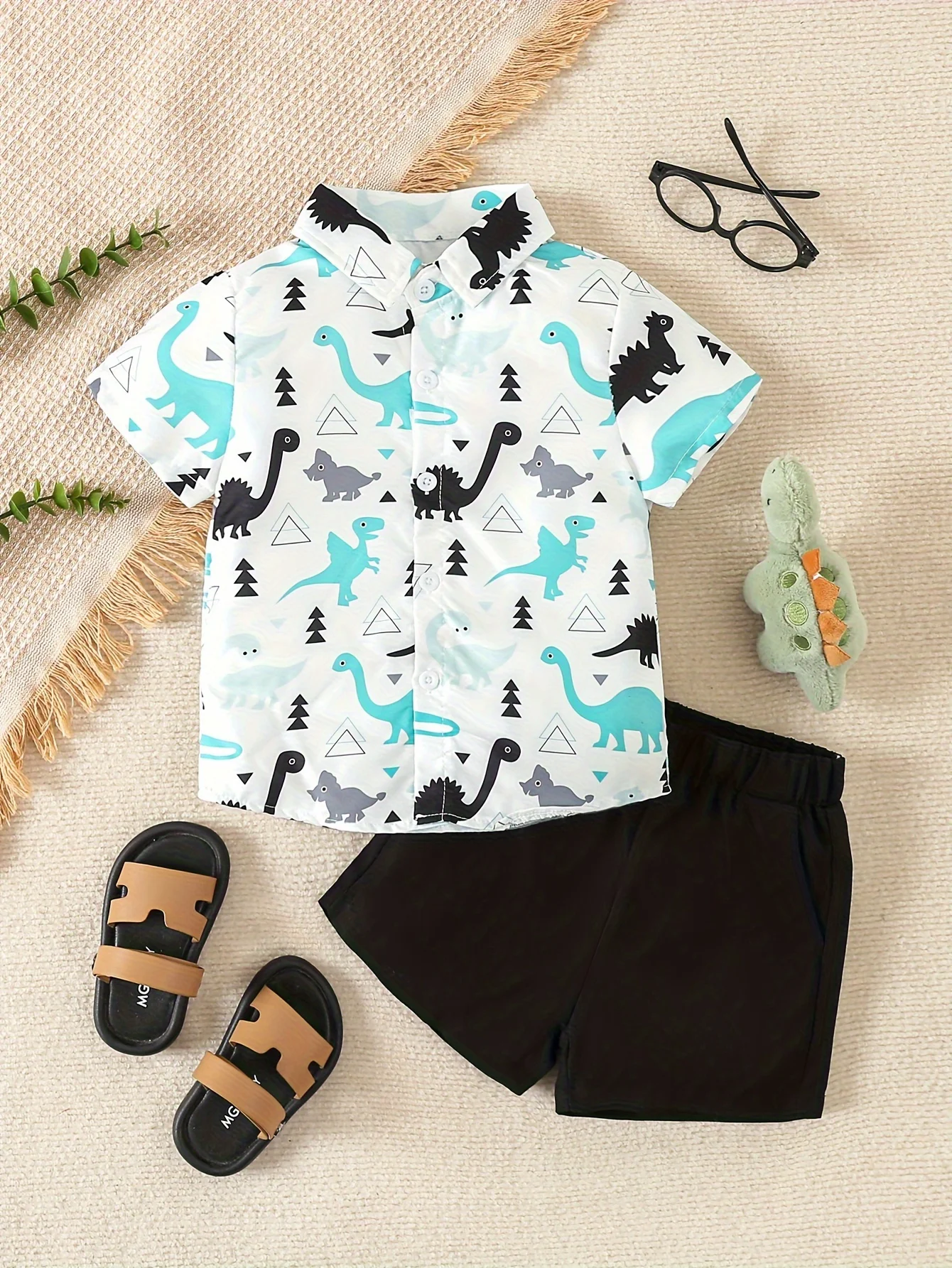 Boys summer cute dinosaur print casual short sleeved shirt+shorts gentleman dress two-piece set