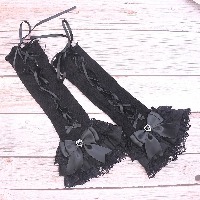 Handmade Sweet Women\'s Lolita Mine Lace Bow Rhinestone Oversleeves Girls Japanese Style Lace Sleeves Mittens
