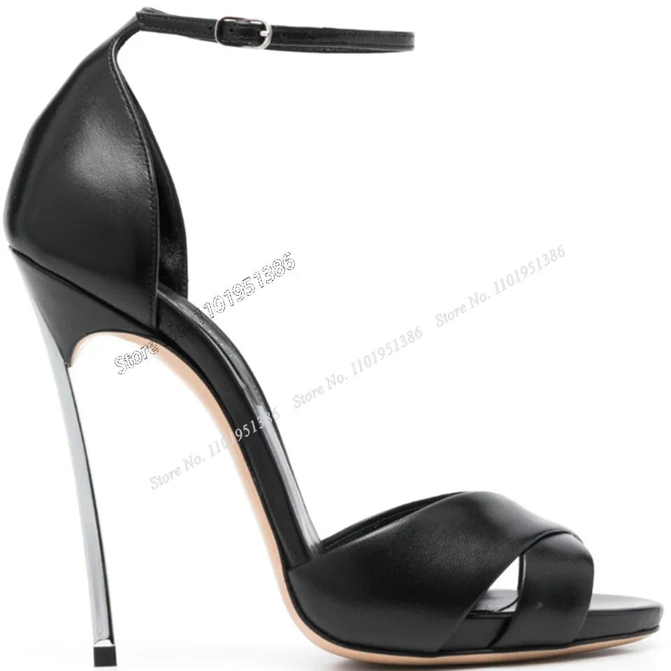 

Black Wine Glass Metal Heel Sandals Peep Toe Buckle Strap Cover Heel Stilettos High Heel Women Shoes 2023 Sexy Zapatillas Mujer