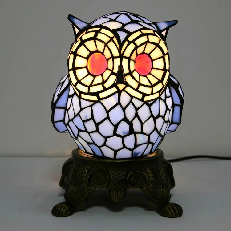 LongHuiJing Handcrafted owl Lampshade Art Stained Glass Bedside Desk lights Tiffany Antique Style Table Lamp