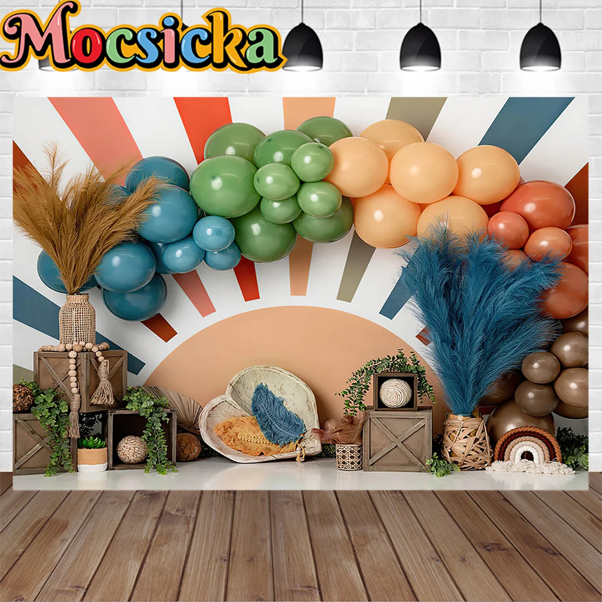 Boho Cake Smash Baby Birthday Party Background Wood Crate Balloon Pampas Grass Decor Studio Photography Backdrop Prop Kid Photo