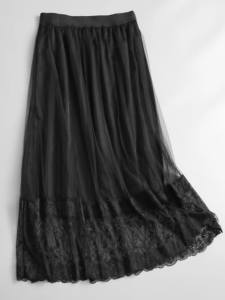 

High Waist A-Line Skirt Lace Paneling Mesh Pure Color Elastic Waist Slimming Midi Skirt Women's Half Body Skirt L037