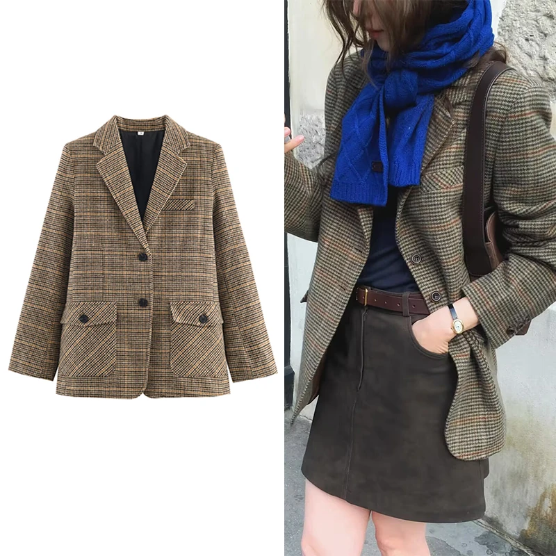 

Autumn Winter Plaid Mixed Fabric Women's Blazer Jacket New Fashion Commute Long Sleeve Coat Streetwear Casual New Outerwear ﻿