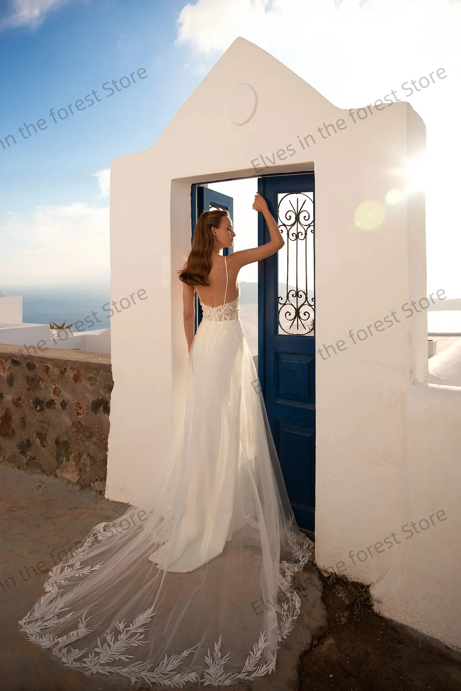 ボヘミアンサマーブライダルドレス女性用魅力的なAラインウェディングドレスレースアップリケ付きセクシーなカスタマイズされたVestidos De Mariee