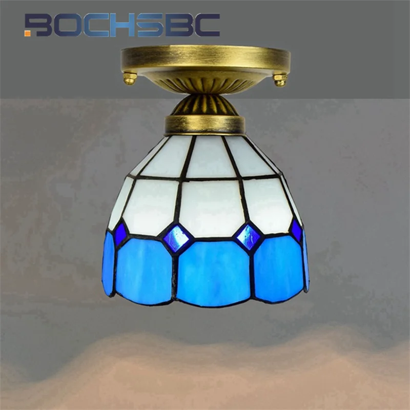 

BOCHSBC Tiffany style stained glass 6 inch Mediterranean blue white ceiling light for bedroom hallway hallway balcony LED decor