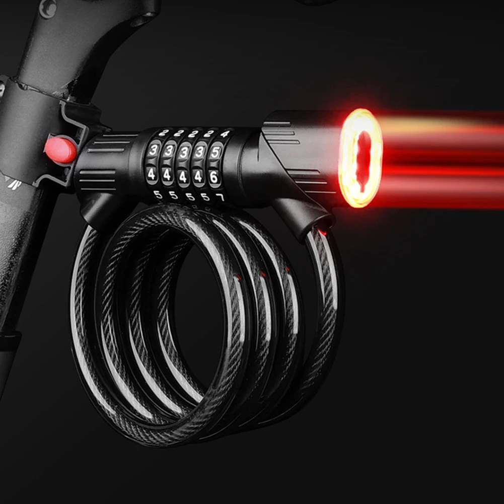 

Road Bicycle Anti-theft Lock 1.2m Steel Cable 5-Digit Code Password Lock With LED Sensing Charging Taillight Bike Lock Parts