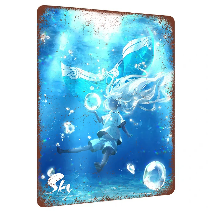 Deep Sea Girl with Light Bubbles Art Metal Tin Sign Home Wall Decor Anime Game Peripheral Gift