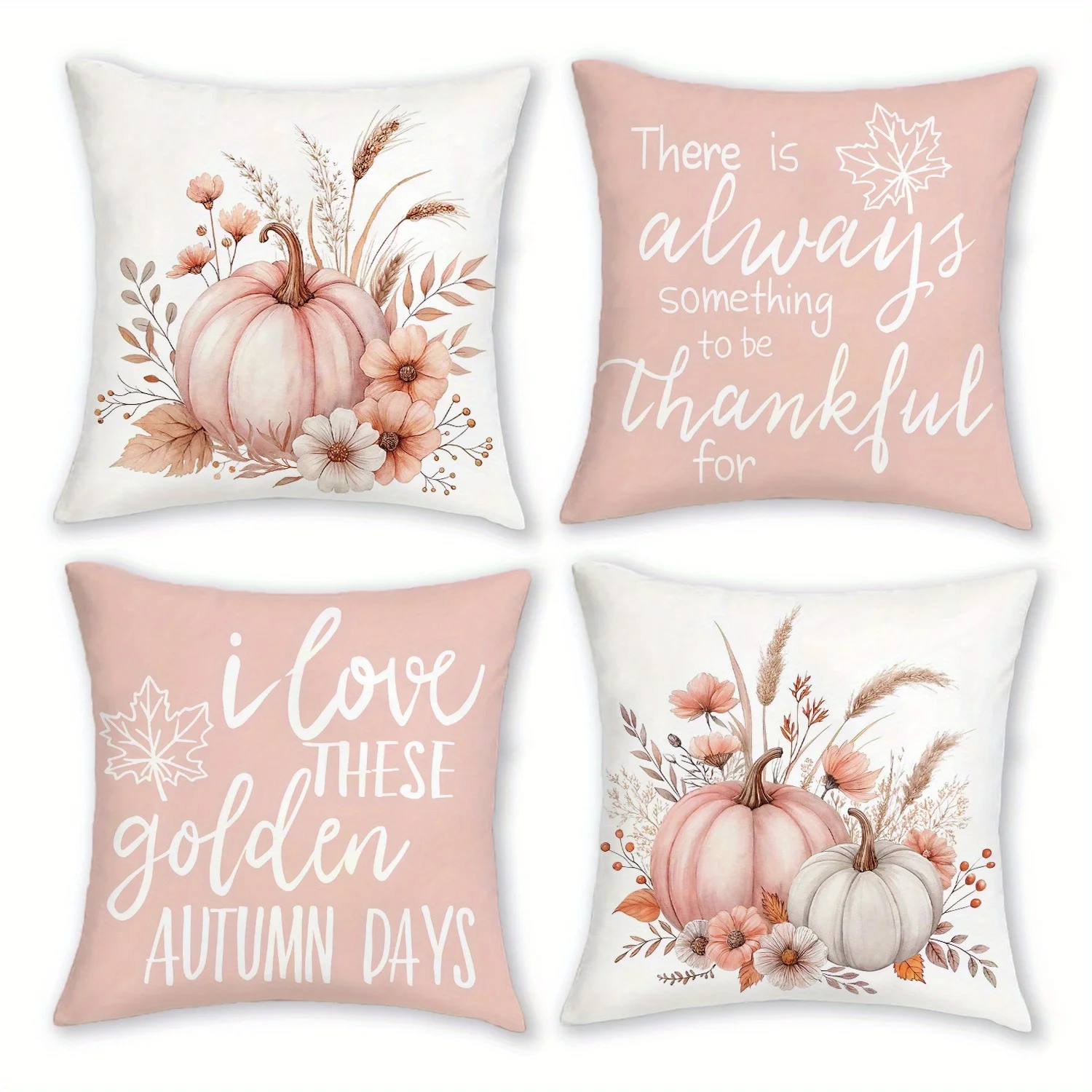 4pcs Rustic Farmhouse Fall Throw Pillow Covers 18x18 Inch - Soft Plush Polyester Watercolor Pumpkin & Floral Printed Covers with