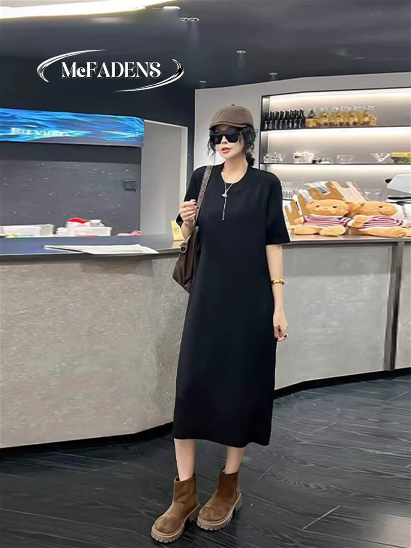 

Loose Long Black Casual Dress Hong Kong round Neck Short Sleeve Net Version Cover Belly Simple Style plus Size Women's Dress