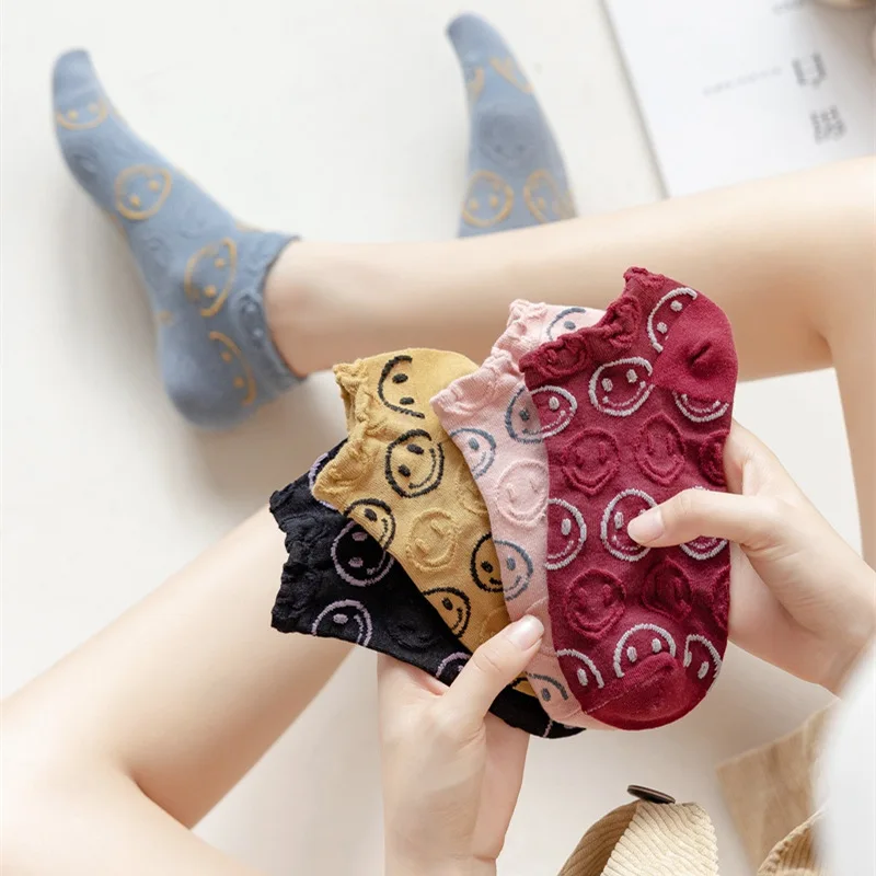 5 Pairs Spring Summer Female Socks Japanese Lovely Personality Heel Embroidered Smiling Face Lovers Solid Cotton Ankle Socks