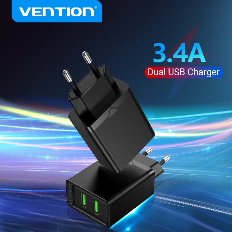 Vention Dual USB Charger EU Plug 3.4A Max Fast Charging Portable Phone Charger for iPhone Samsung Xiaomi Quick Charge 3.0 Charge