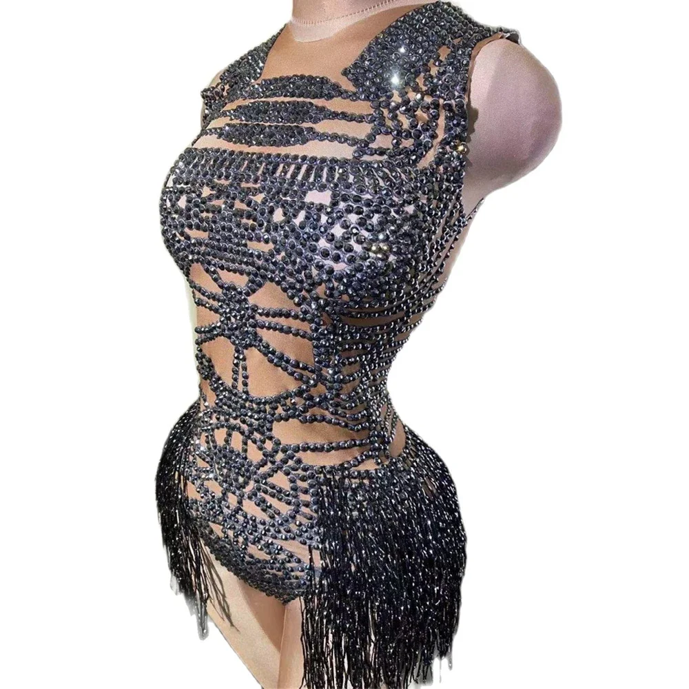 Zwarte Kwastje Strass Bodysuit Vrouwen Sprankelende Kristallen Outfit Party Latin Dance Club Stage Catwalk Show Kostuum