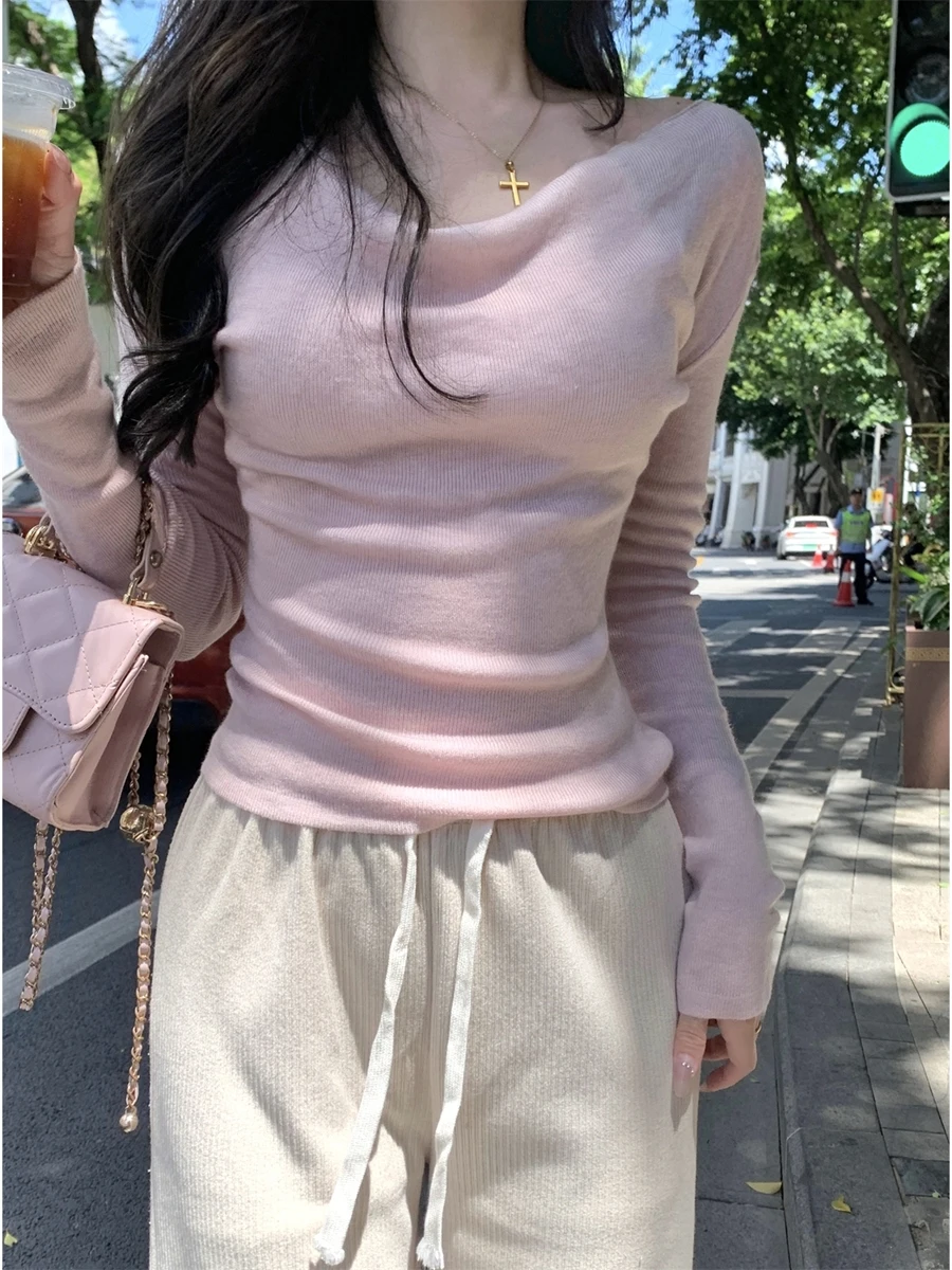 

Pure Desire Sexy Knitted Base irt Women Early Autumn Korean Sle Slimming Long Sve Staable Ne Top Commute Faion
