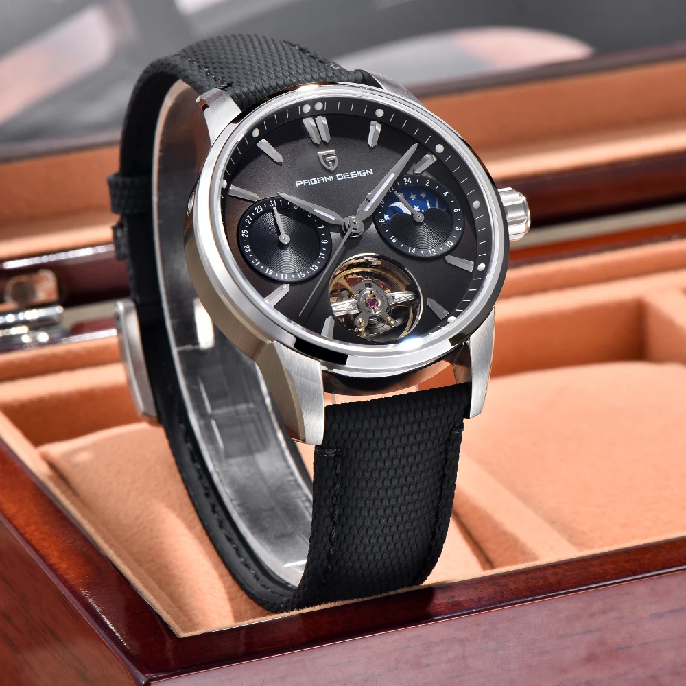 PAGANI DESIGN 2025 جديد الطيار 41 مللي متر ساعة ميكانيكية للرجال الياقوت الزجاج Moonphase الجلود 10bar مقاوم للماء reloj hombre