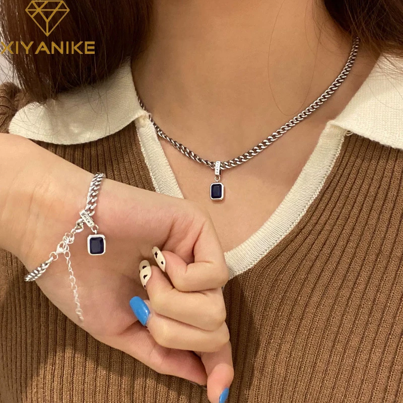 XIYANIKE 2022 New Vintage Blue Zircon Chain Necklace Bracelet Set for Women Luxury Sexy Fashion Trendy Jewelry Girls Gift Party