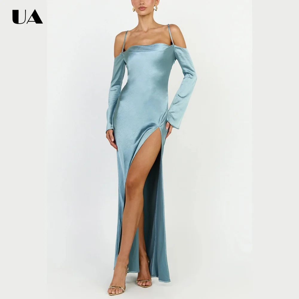

ULBYANRN Sexy Off Shoulder High-slit Prom Dress, Elegant Spaghetti Strap Evening Dress, Customized Solid Satin Maxi Party Dress