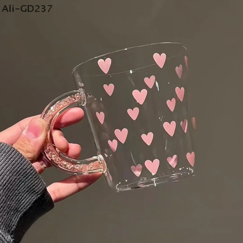 

1Pc 2025 New 350ml Love Glass Mug With Handle High-value Drinking Cup, Milk Coffee Cup For Girls