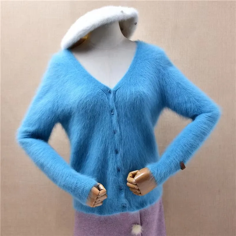 

Ladies Women Fall Winter Clothes Blue Hairy Mink Cashmere Knitted V-Neck Long Sleeves Slim Cardigans Angora Sweater Jacket Pull