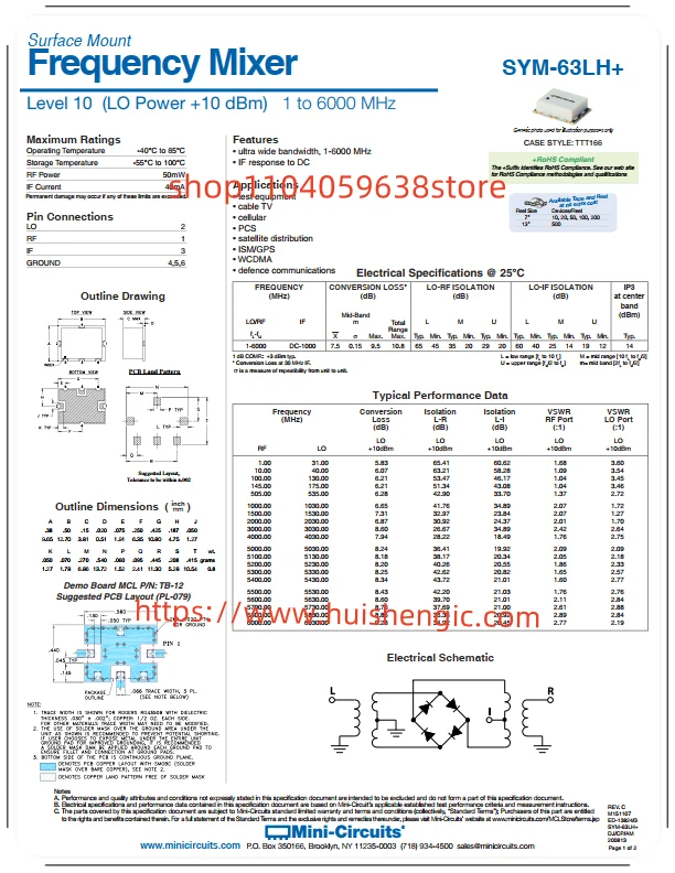 SYM-63LH+      RF mixer IC for mobile phone, GPS, ISM, PCS, WCDMA 1MHz ~ 6GHz