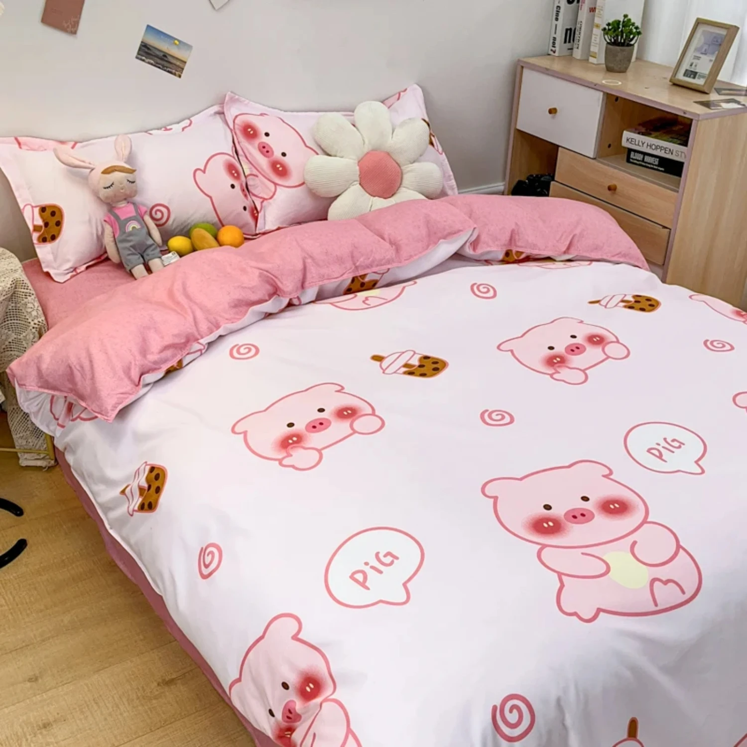 Cartoon Lovely Pig Duvet Cover Kawaii Animals Bedding Set Soft Microfiber Comforter Cover Pillowcases   Girls Single Size