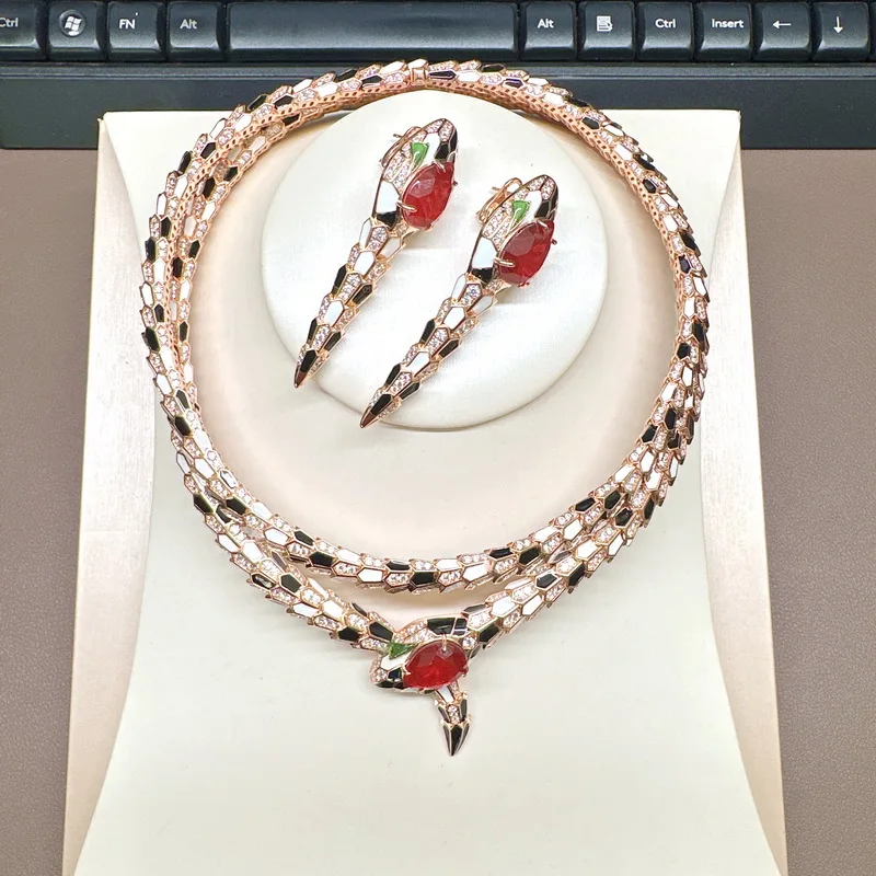 Designer Collection Necklace Earrings Women Lady Inlay Cubic Zircon Synthetic Ruby Enamel Snake Snakelike Choker Jewelry Sets