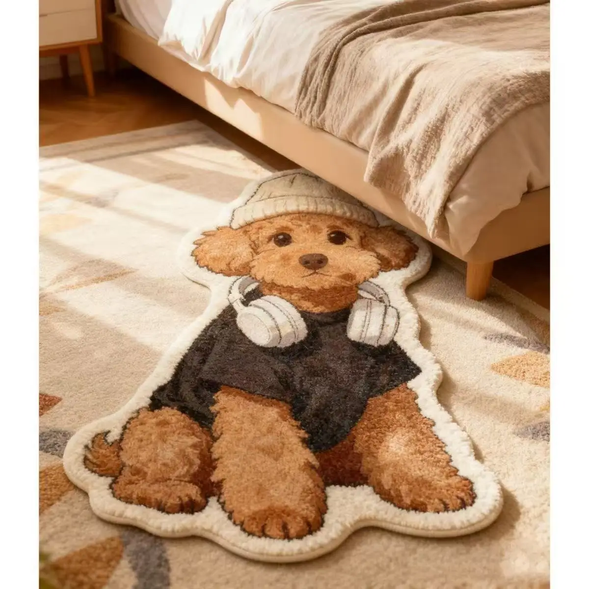 VIKAMA Headphone Teddy Dog Shaped Plush Rug Non Slip Washable Floor Mat Funny Bedroom Pet Lover Decor Carpet Mat