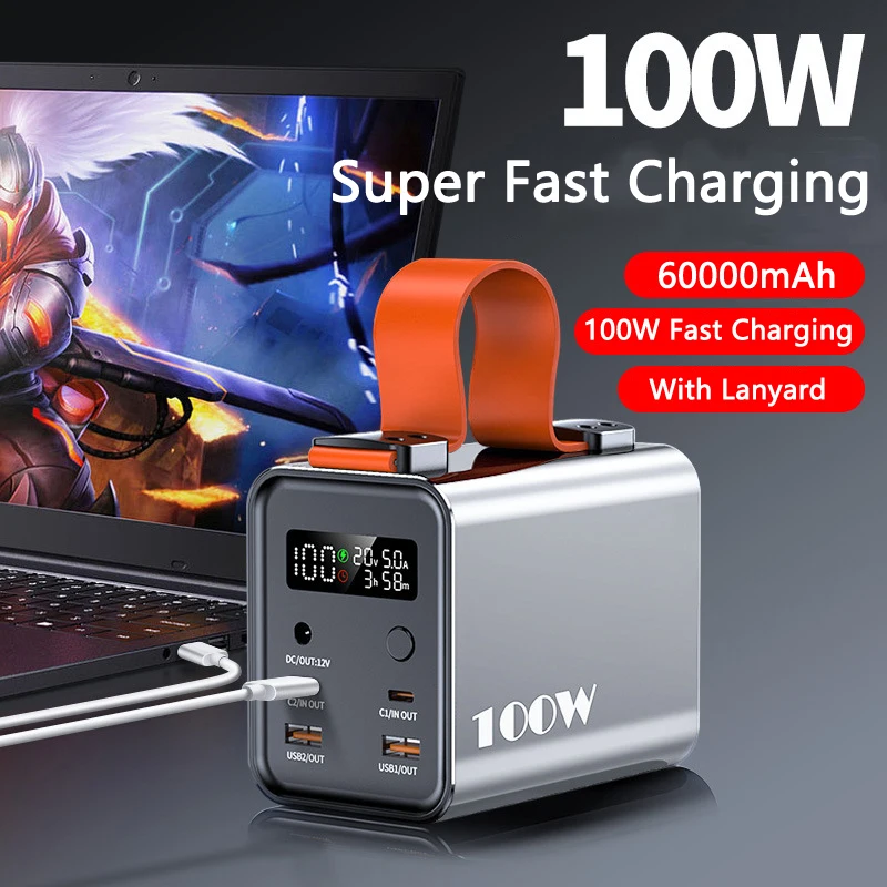 60000mAh Power Bank 100W PD Two-Way Fast Charging Powerbank for iPhone Huawei Xiaomi Samsung Laptop Powerbank with 12V DC Output