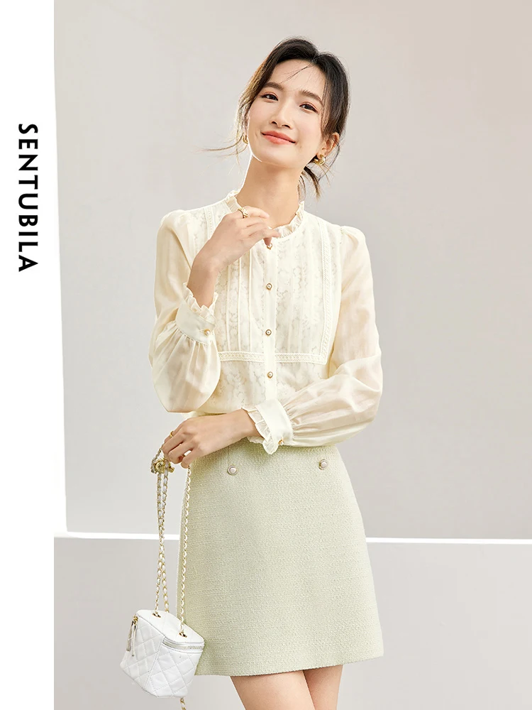 SENTUBILA Korean Fashion Women Lace Shirts 2024 Spring Autumn Elegant Ruffled Collar Long Sleeve Button Up Womens Tops 141S53426